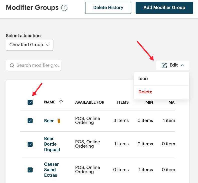 Menu Management: Modifier Groups